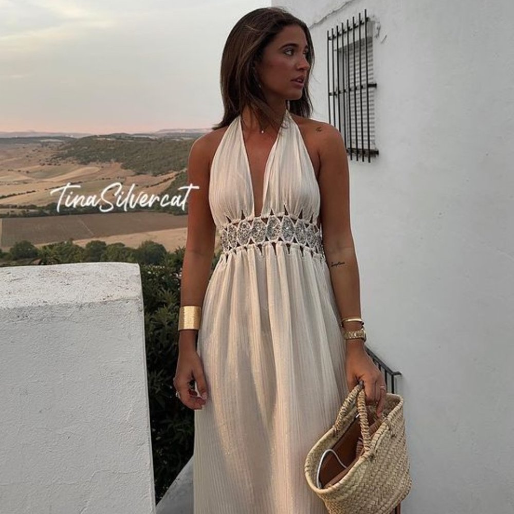 Zara White Cream Rhinestone Midi Dress NWT - Picture 12 of 16